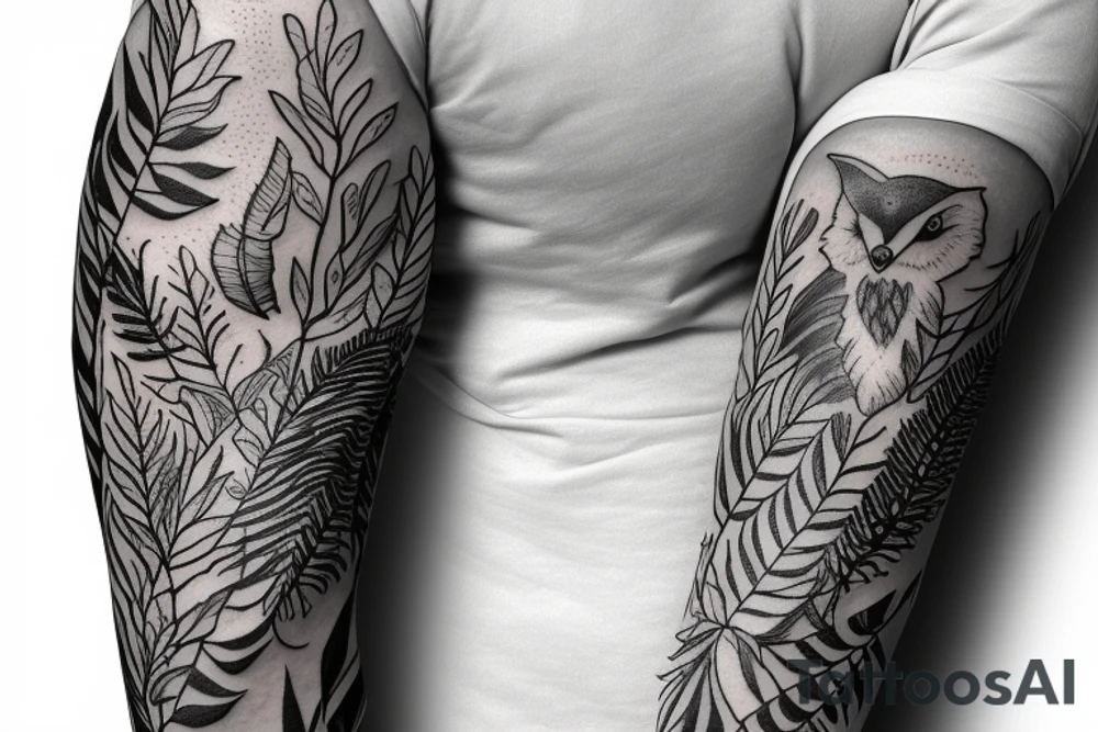 sleeve tattoo with a small fox and an
owl surrounded by ferns and leaves tattoo idea