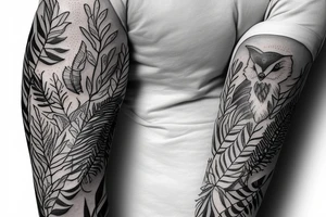 sleeve tattoo with a small fox and an 
owl surrounded by ferns and leaves tattoo idea
