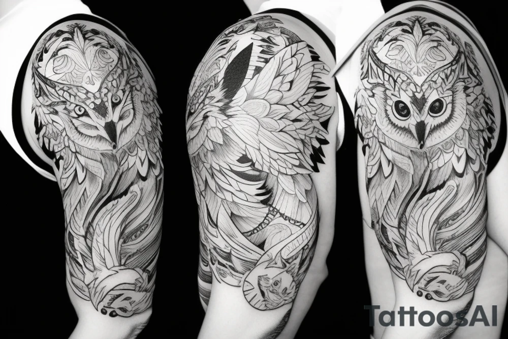 sleeve tattoo with a small fox and an
owl tattoo idea