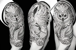 sleeve tattoo with a small fox and an 
owl tattoo idea