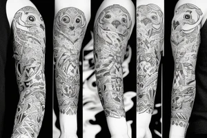 sleeve tattoo with a small fox and an 
owl tattoo idea