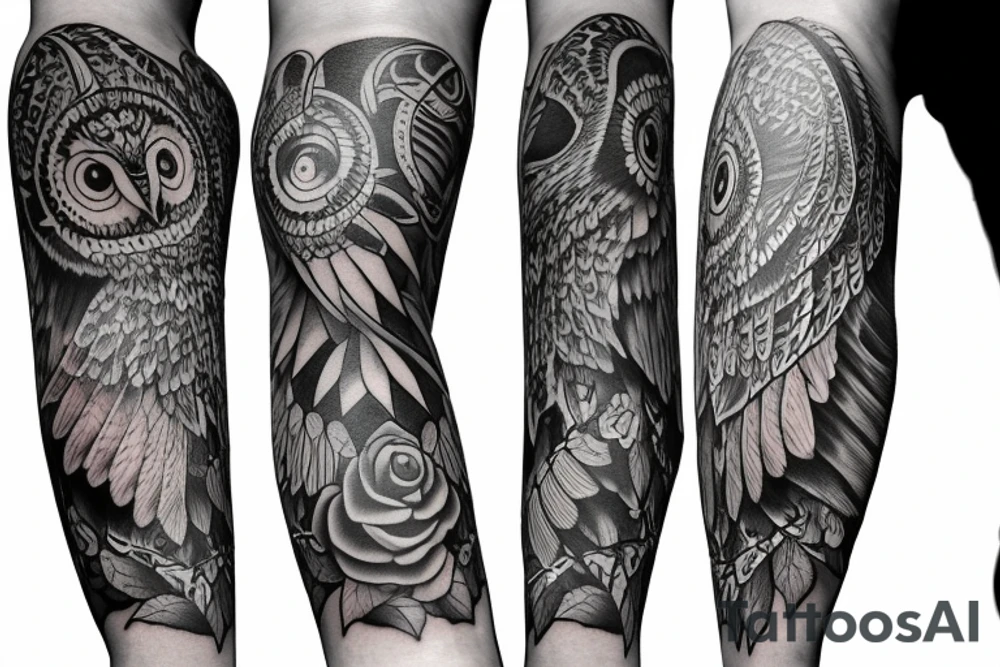 sleeve tattoo with an owl tattoo idea