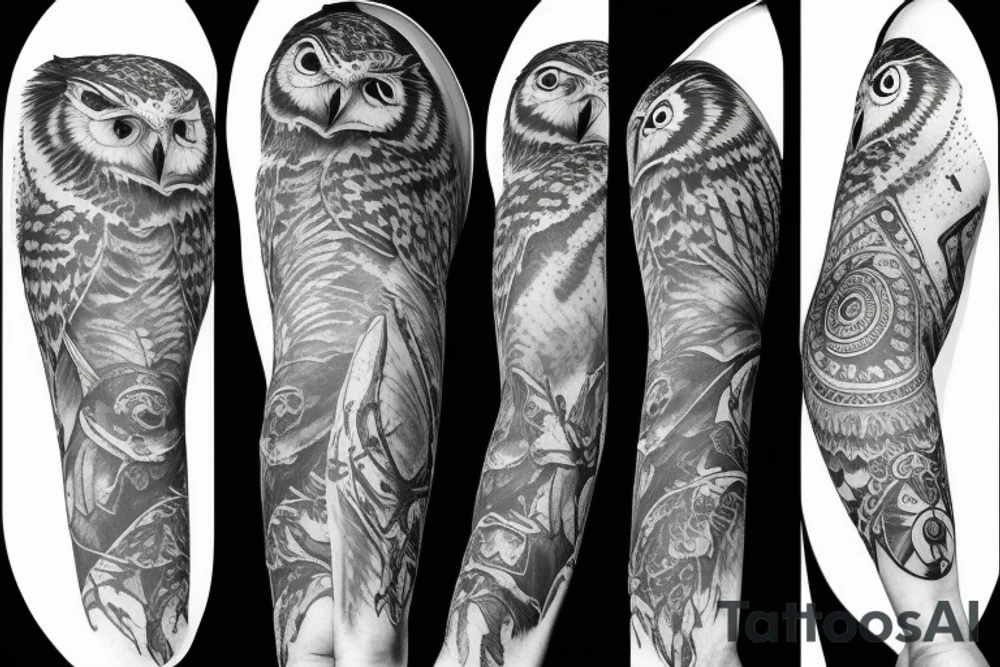 sleeve tattoo with an owl tattoo idea