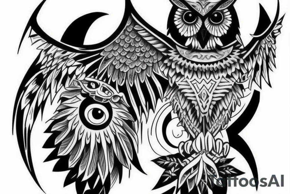 sleeve tattoo with an owl and a bat tattoo idea