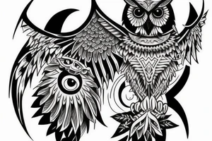 sleeve tattoo with an owl and a bat tattoo idea