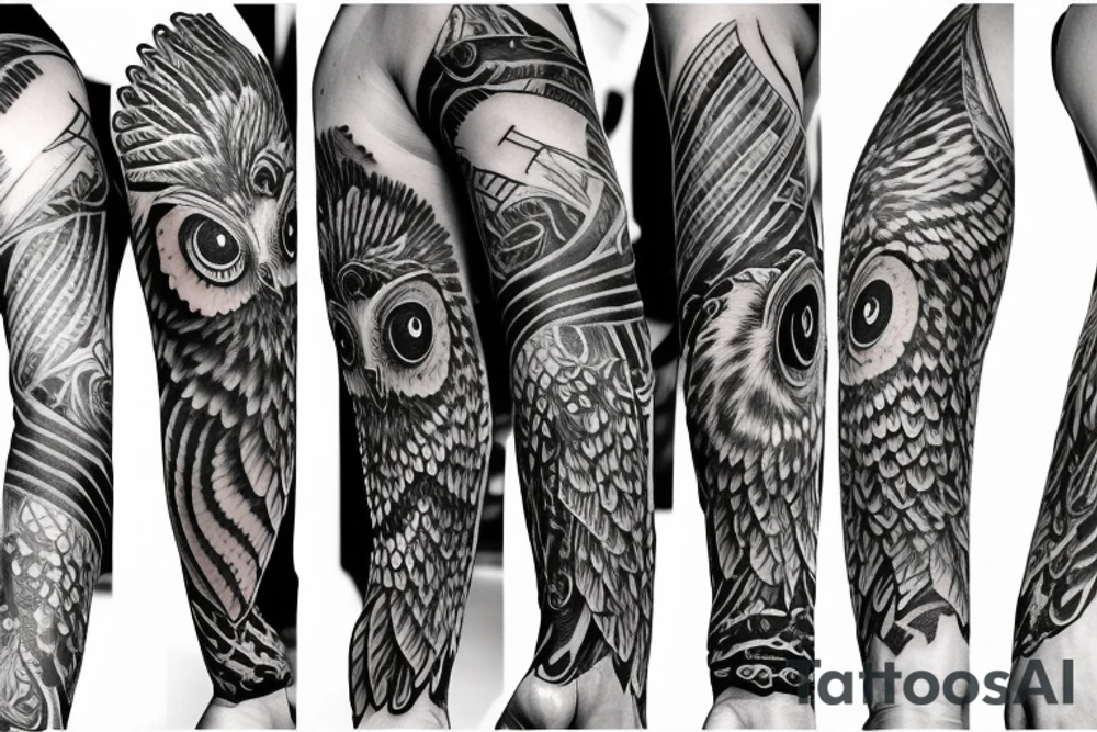 sleeve tattoo with an owl and a bat tattoo idea sleeve tattoo with an owl and a bat tattoo idea