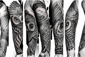 sleeve tattoo with an owl and a bat tattoo idea