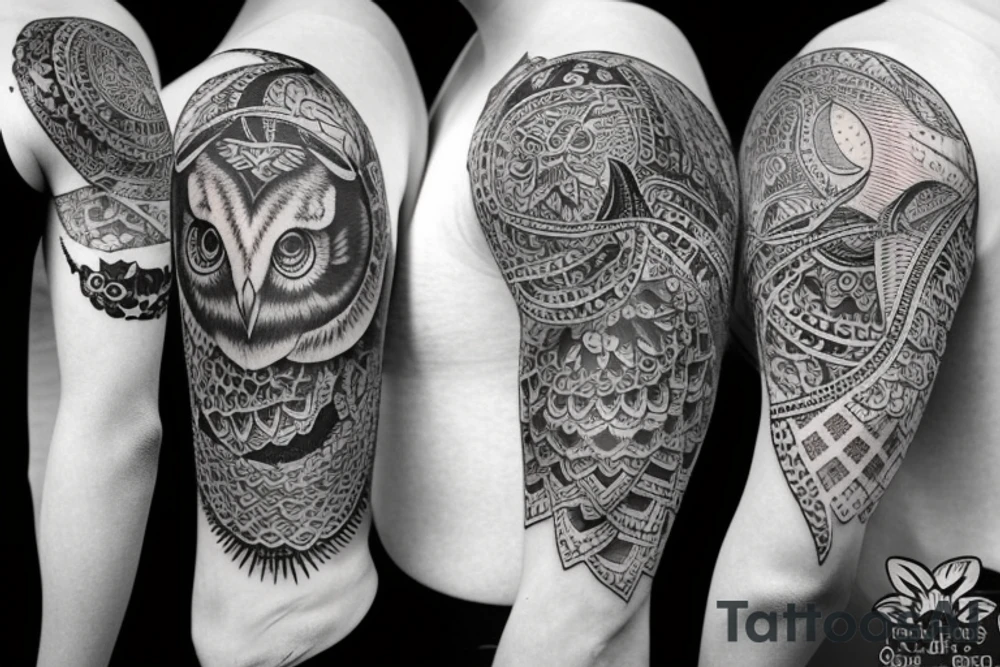 sleeve tattoo with an owl and the moon tattoo idea