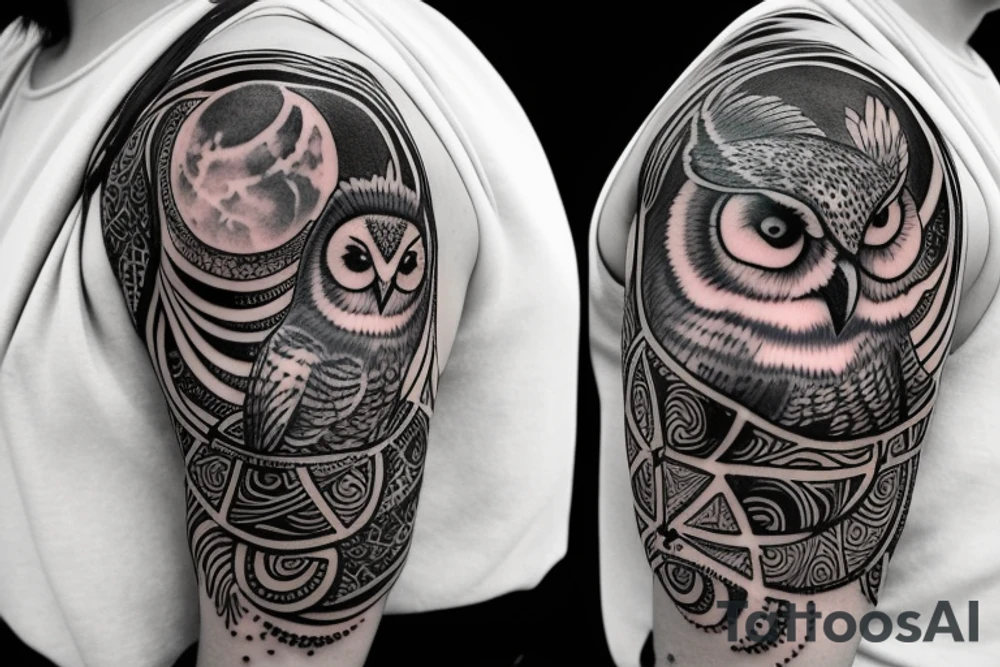 sleeve tattoo with an owl and the moon tattoo idea
