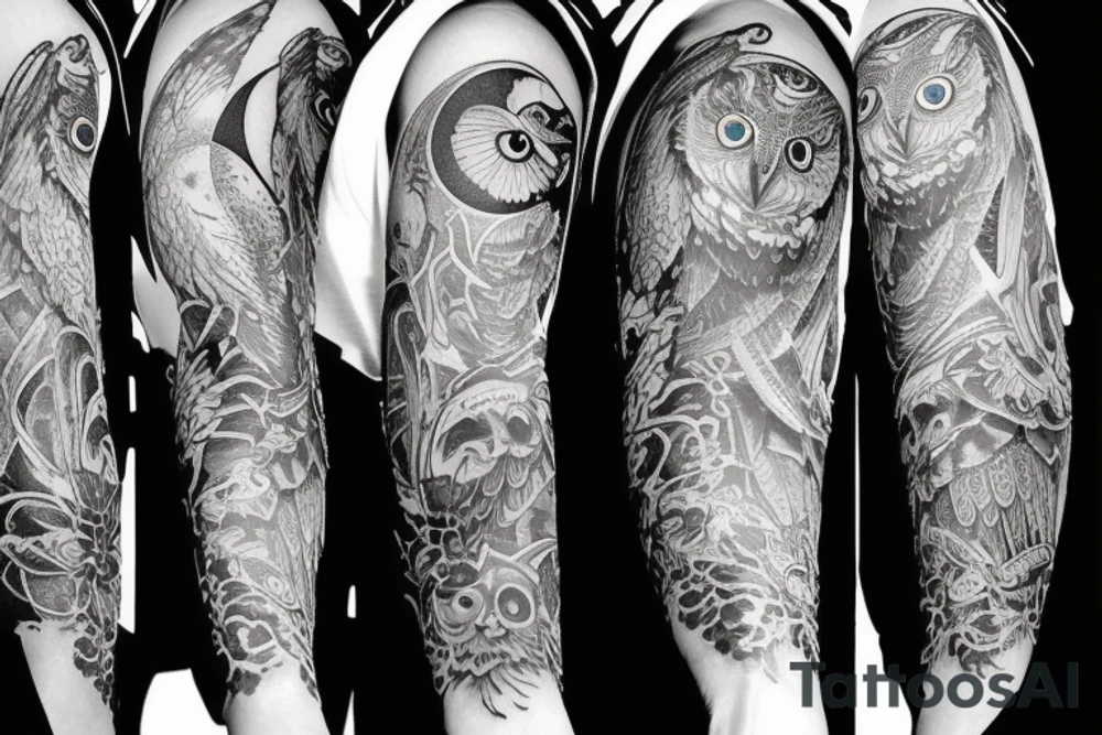 sleeve tattoo with an owl and the moon tattoo idea