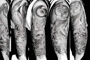 sleeve tattoo with an owl and the moon tattoo idea