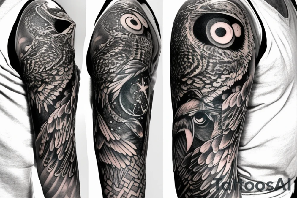 sleeve tattoo with an owl and the moon tattoo idea