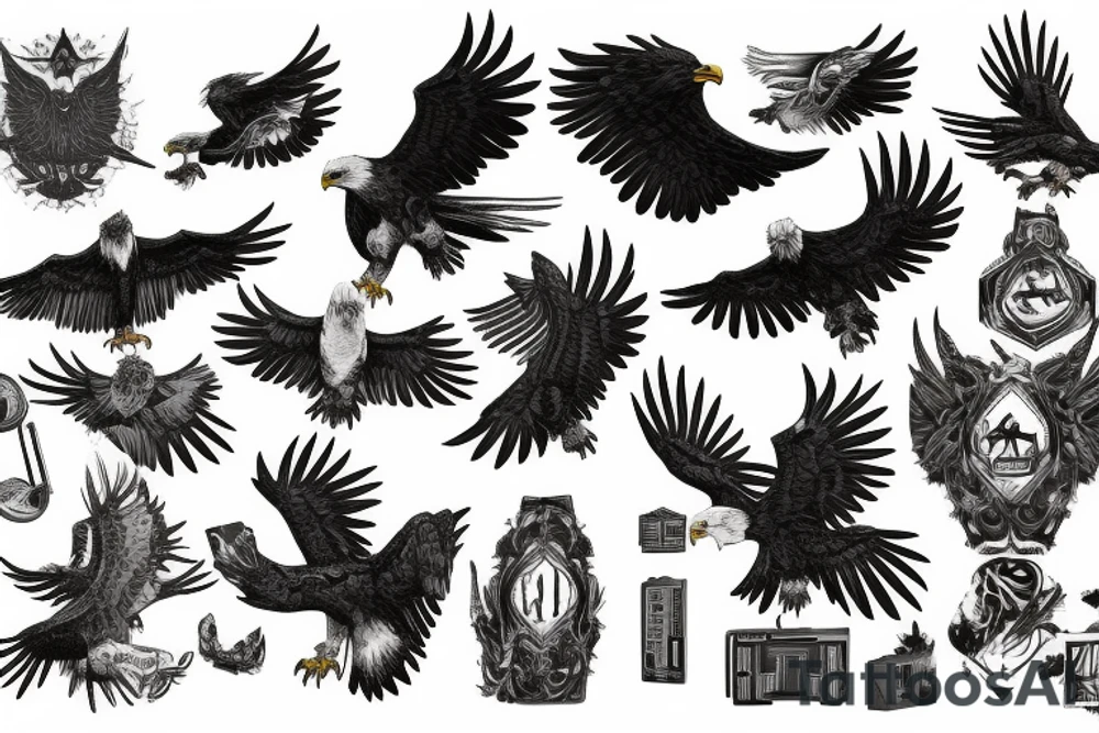 Heavy metal eagle in a nature reclaimed city tattoo idea
