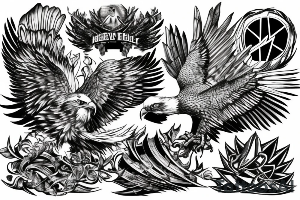 Heavy metal eagle in a nature reclaimed city tattoo idea