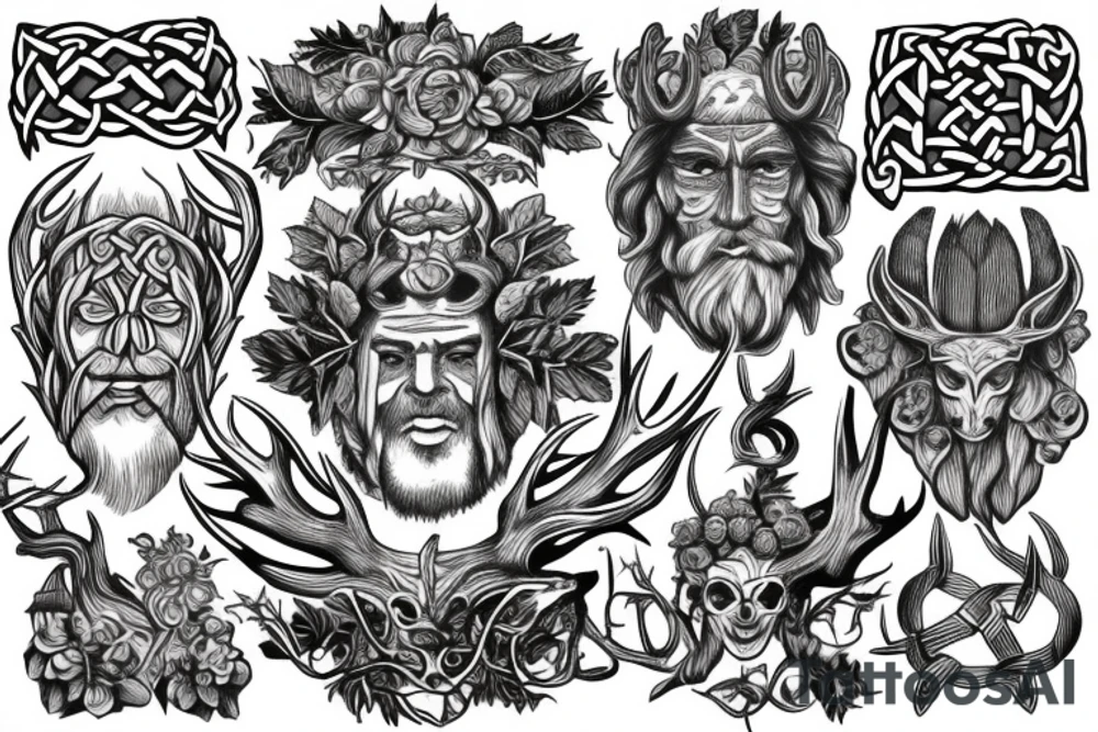 Green man face,pagan, Celtic, antlers, roots, tattoo idea