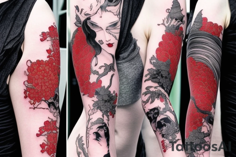 Mostly red and accents of black ink full sleeve tattoo based off of Takato Yamamoto’s artwork. Make it look grunge but feminine. tattoo idea
