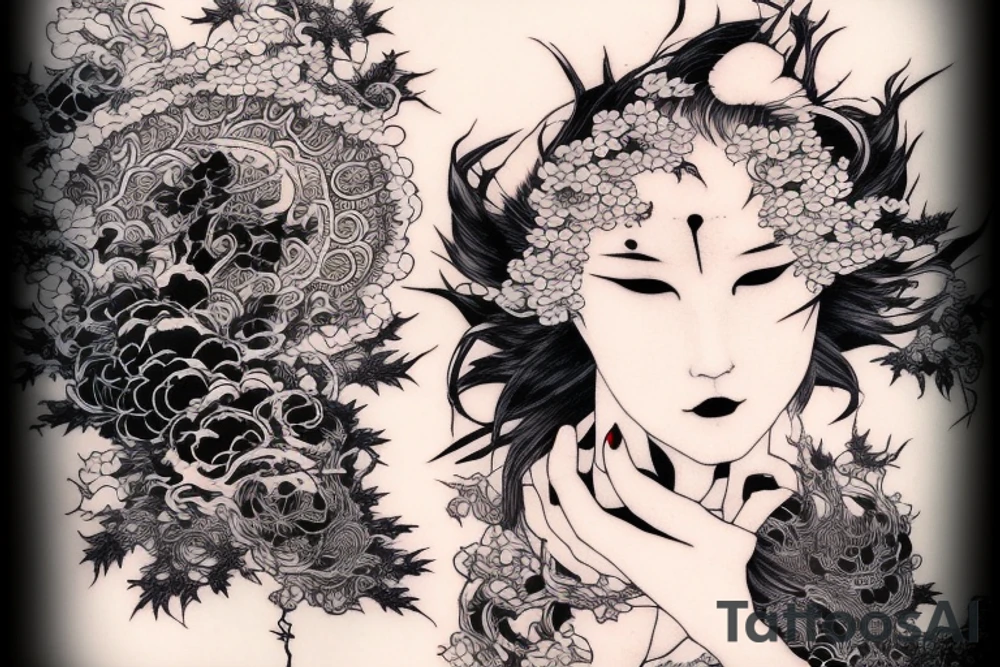 Mostly red and accents of black ink full sleeve tattoo based off of Takato Yamamoto’s artwork. Make it look grunge but feminine. tattoo idea