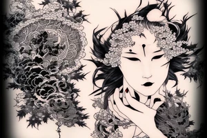 Mostly red and accents of black ink full sleeve tattoo based off of Takato Yamamoto’s artwork. Make it look grunge but feminine. tattoo idea