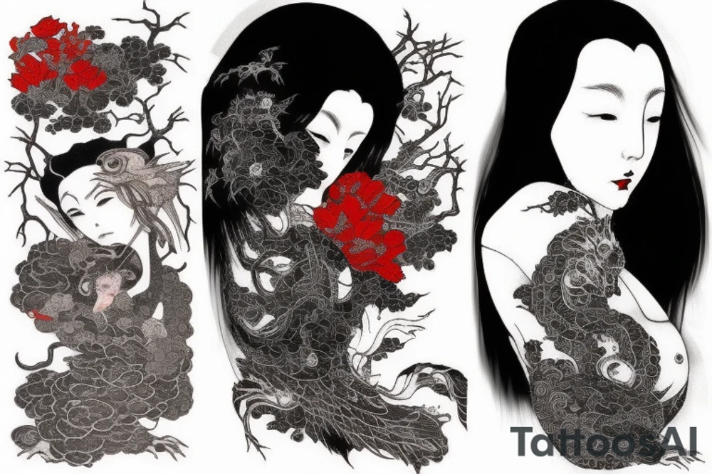 Mostly red and accents of black ink full sleeve tattoo based off of Takato Yamamoto’s artwork. Make it look scary but feminine. tattoo idea