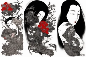 Mostly red and accents of black ink full sleeve tattoo based off of Takato Yamamoto’s artwork. Make it look scary but feminine. tattoo idea