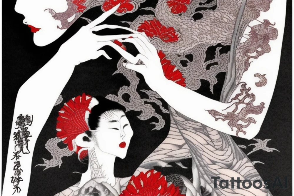 Mostly red and accents of black ink full sleeve tattoo based off of Takato Yamamoto’s artwork. Make it look scary but feminine. tattoo idea