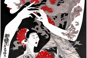 Mostly red and accents of black ink full sleeve tattoo based off of Takato Yamamoto’s artwork. Make it look scary but feminine. tattoo idea