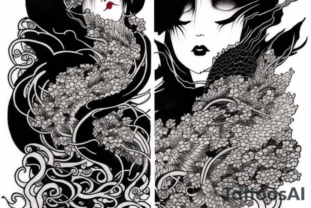 Mostly red and accents of black ink full sleeve tattoo based off of Takato Yamamoto’s artwork. I want smoke lines and contrast between the negative space. Make it look grunge but feminine. tattoo idea