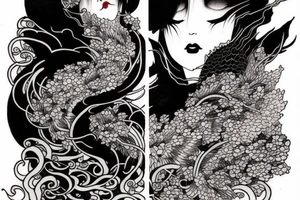 Mostly red and accents of black ink full sleeve tattoo based off of Takato Yamamoto’s artwork. I want smoke lines and contrast between the negative space. Make it look grunge but feminine. tattoo idea