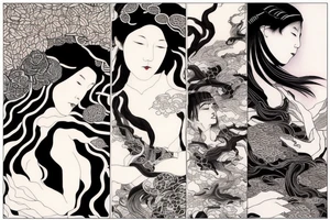 Mostly red and accents of black ink full sleeve tattoo based off of Takato Yamamoto’s artwork. I want smoke lines and contrast between the negative space. Make it look grunge but feminine. tattoo idea