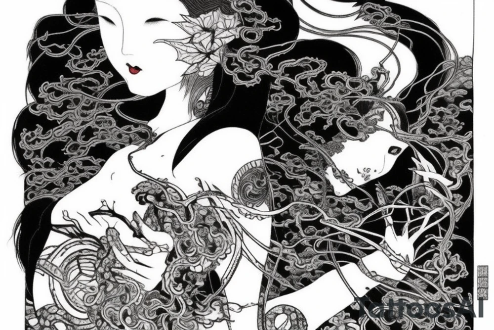 Mostly red and accents of black ink full sleeve tattoo based off of Takato Yamamoto’s artwork. I want squiggly lines incorporated into it. Make it look grunge but feminine. tattoo idea