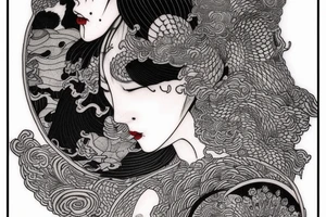 Mostly red and accents of black ink full sleeve tattoo based off of Takato Yamamoto’s artwork. I want squiggly lines incorporated into it. Make it look grunge but feminine. tattoo idea