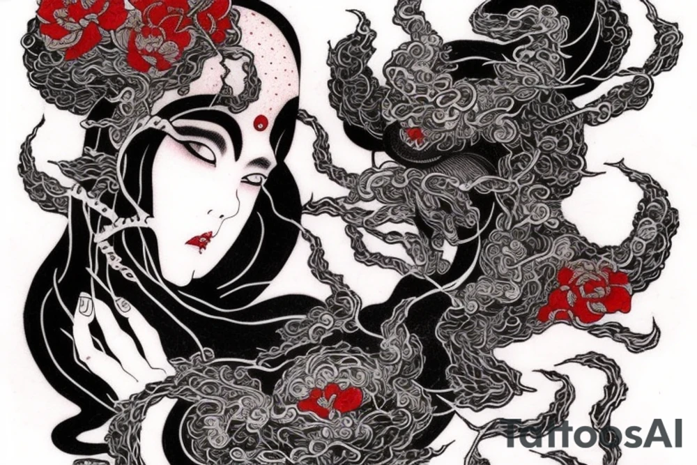 Mostly red and accents of black ink full sleeve tattoo based off of Takato Yamamoto’s artwork. I want squiggly lines incorporated into it. Minimal shading and mostly line work. Make it look grunge but feminine. tattoo idea