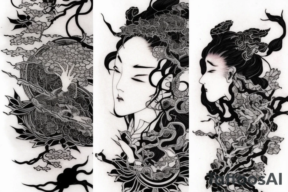 Mostly red and accents of black ink full sleeve tattoo based off of Takato Yamamoto’s artwork. I want squiggly lines incorporated into it. Minimal shading and mostly line work. Make it look grunge but feminine. tattoo idea