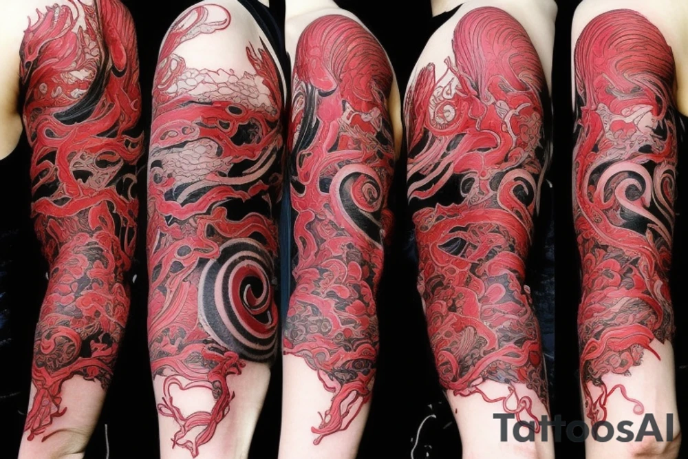 Mostly red and accents of black ink full sleeve tattoo based off of Takato Yamamoto’s artwork. I want squiggly lines incorporated into it. Minimal shading and mostly line work. Make it look grunge but feminine. tattoo idea