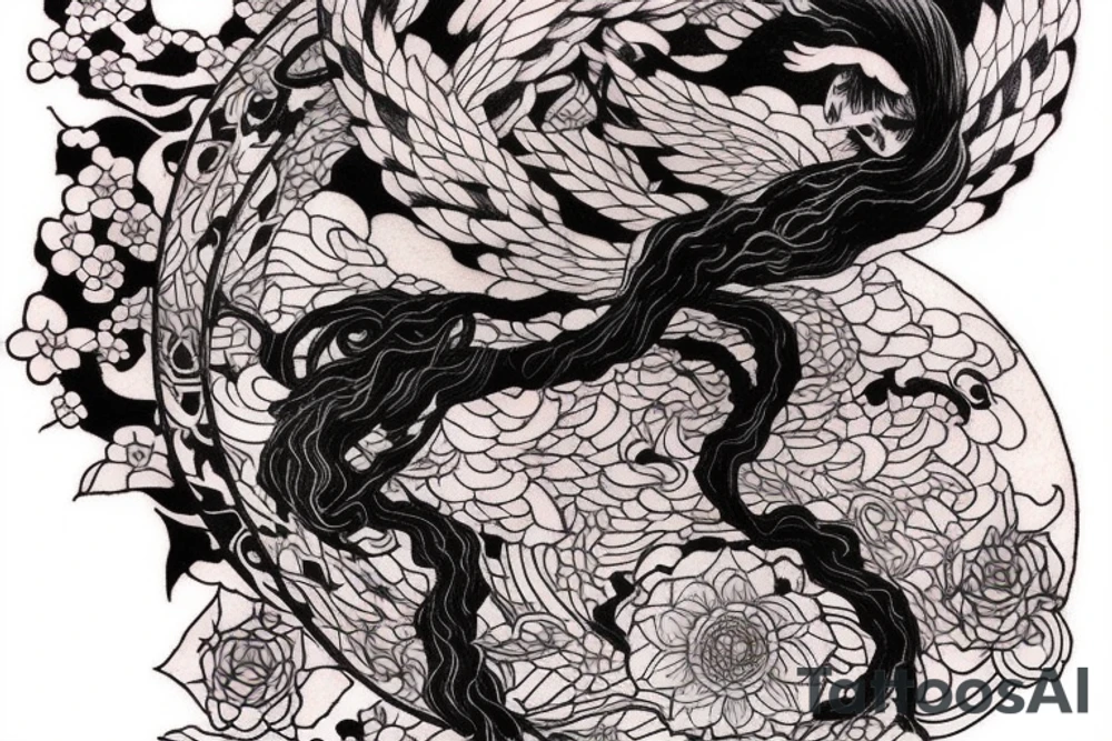 Mostly red and accents of black ink full sleeve tattoo based off of Takato Yamamoto’s artwork. I want squiggly lines incorporated into it. Minimal shading and mostly line work. Make it look grunge but feminine. tattoo idea