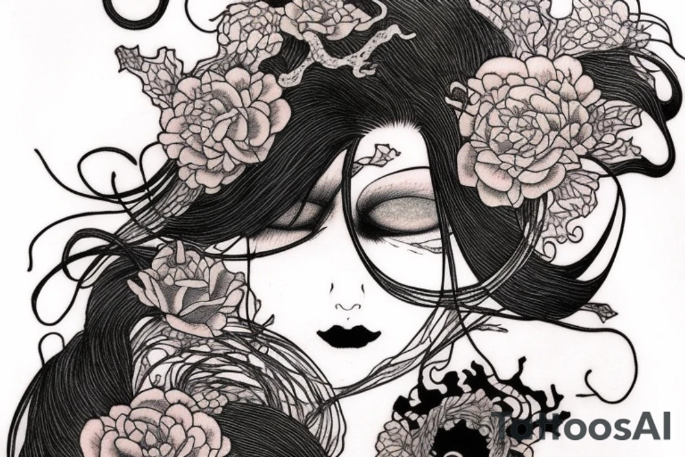 Mostly red and accents of black ink full sleeve tattoo based off of Takato Yamamoto’s artwork. I want squiggly lines incorporated into it. Minimal shading and mostly line work. Make it look grunge but feminine. tattoo idea
