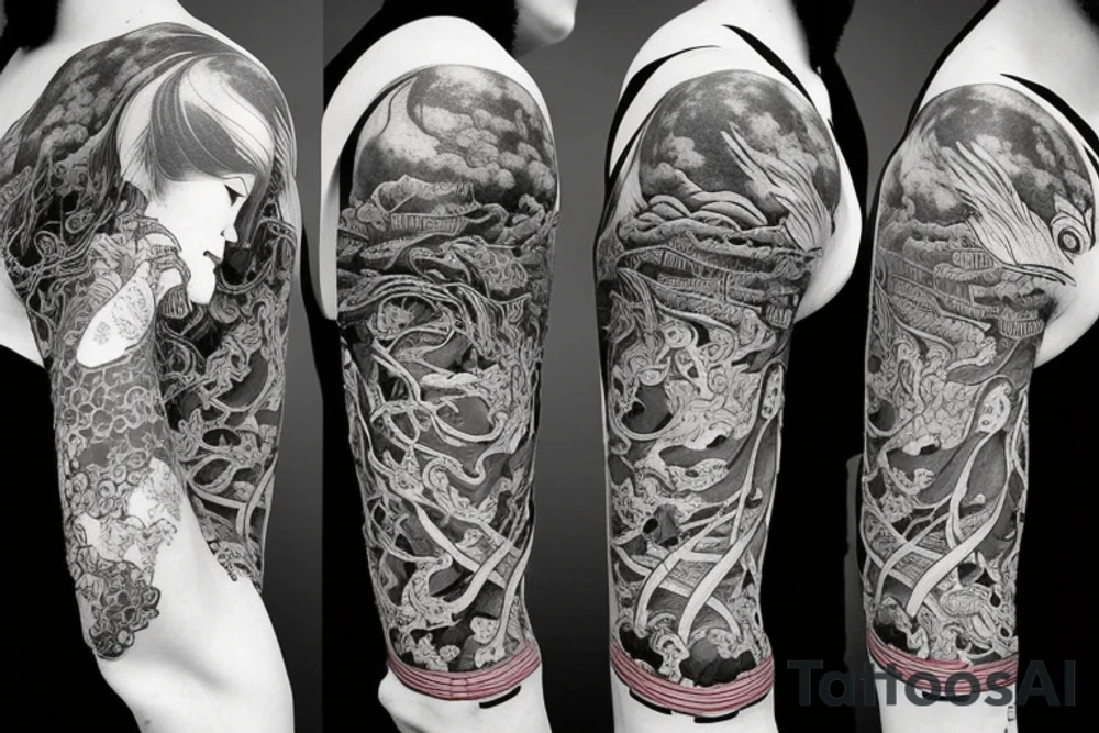 Mostly red and accents of black ink full sleeve tattoo based off of Takato Yamamoto’s artwork. I want squiggly lines incorporated into it. Minimal shading and mostly line work. Make it look grunge but feminine. tattoo idea