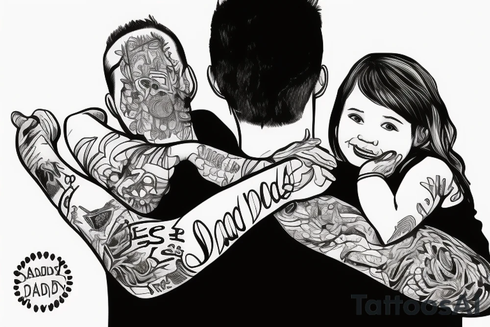 dad and daughter having fun, daughter sitting on daddy shoulders when both arms of daddy and the daughter are spread out to the sides tattoo idea