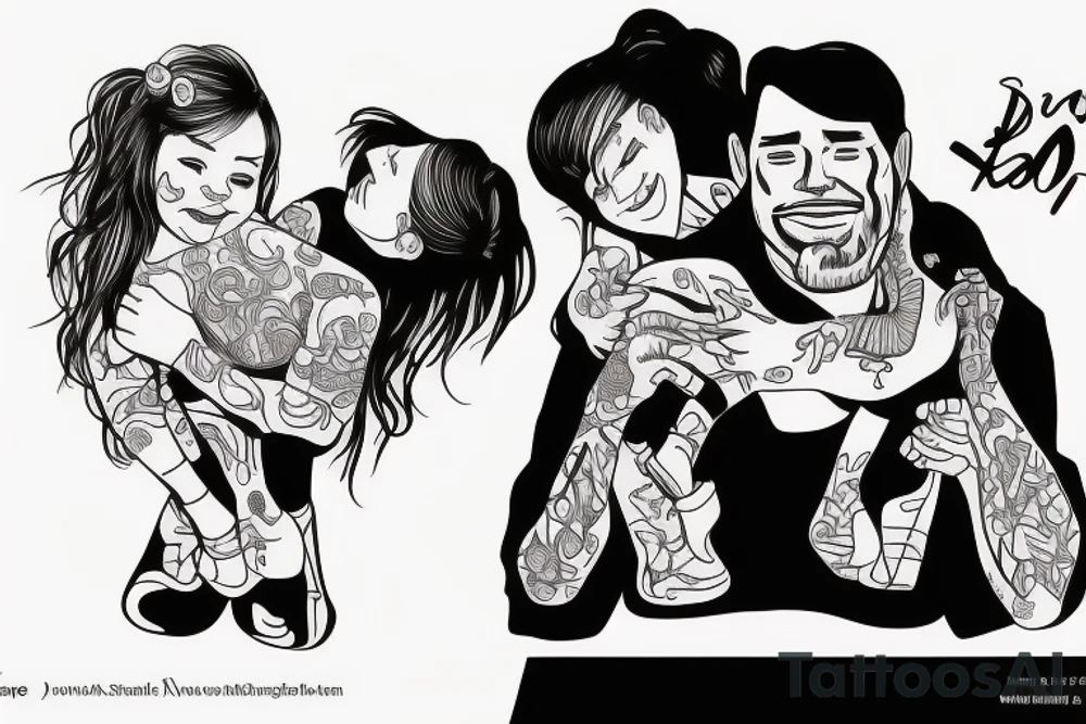 dad and daughter having fun, daughter sitting on daddy shoulders when both arms of daddy and the daughter are spread out to the sides tattoo idea