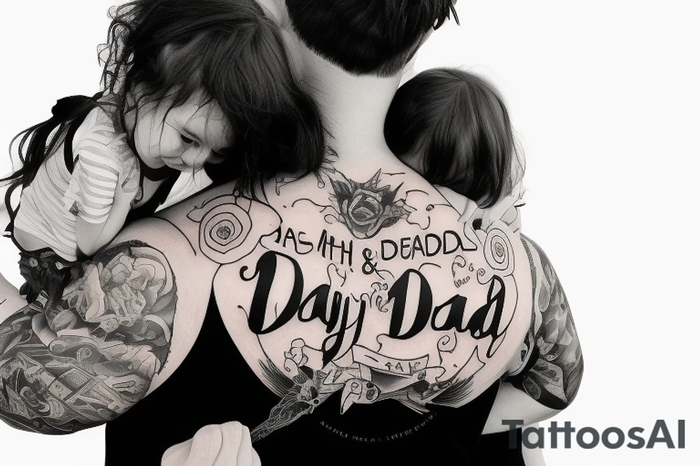 dad and daughter having fun, daughter sitting on daddy shoulders when both arms of daddy and the daughter are spread out to the sides tattoo idea