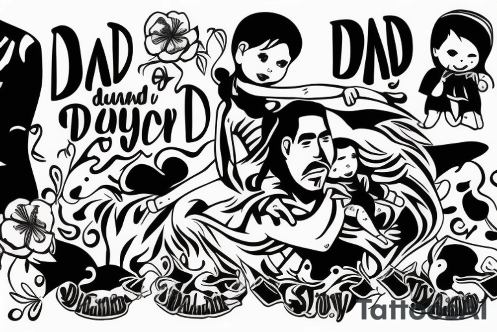 dad and daughter having fun, daughter sitting on daddy shoulders when both arms of daddy and the daughter are spread out to the sides tattoo idea