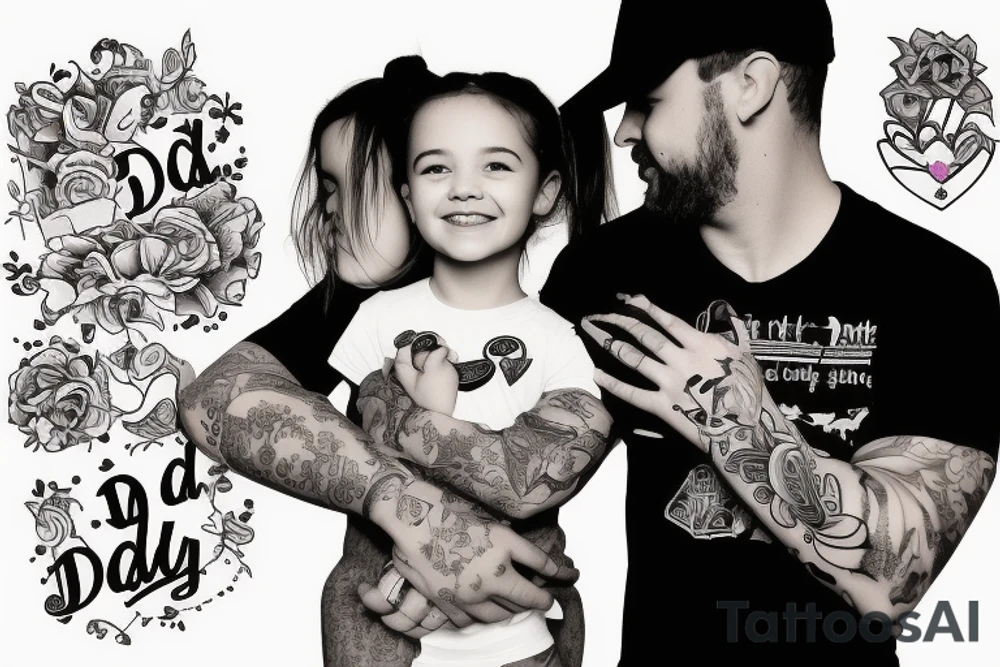 dad and daughter having fun, daughter sitting on daddy shoulders when both arms of daddy and the daughter are spread out to the sides tattoo idea