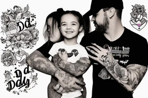 dad and daughter having fun, daughter sitting on daddy shoulders when both arms of daddy and the daughter are spread out to the sides tattoo idea