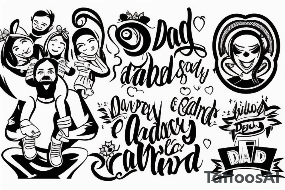dad and daughter having fun, daughter sitting on daddy shoulders when both arms of daddy and the daughter are spread out to the sides tattoo idea