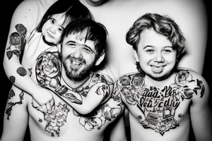 dad and daughter having fun, daughter sitting on daddy shoulders when both arms of daddy and the daughter are spread out to the sides tattoo idea
