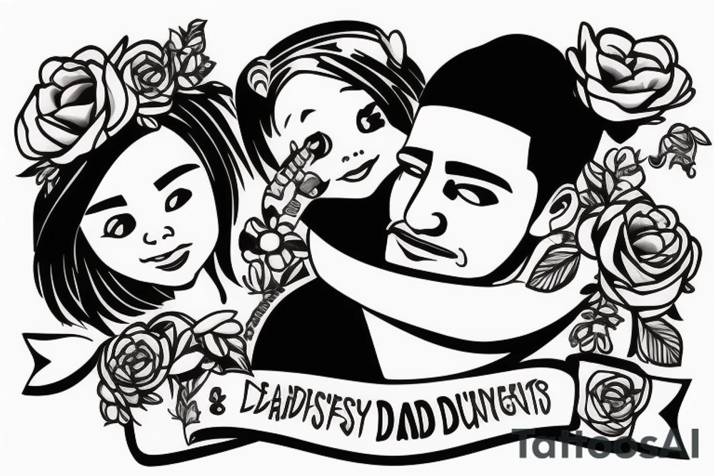 dad and daughter having fun, daughter sitting on daddy shoulders when both arms of daddy and the daughter are spread out to the sides tattoo idea