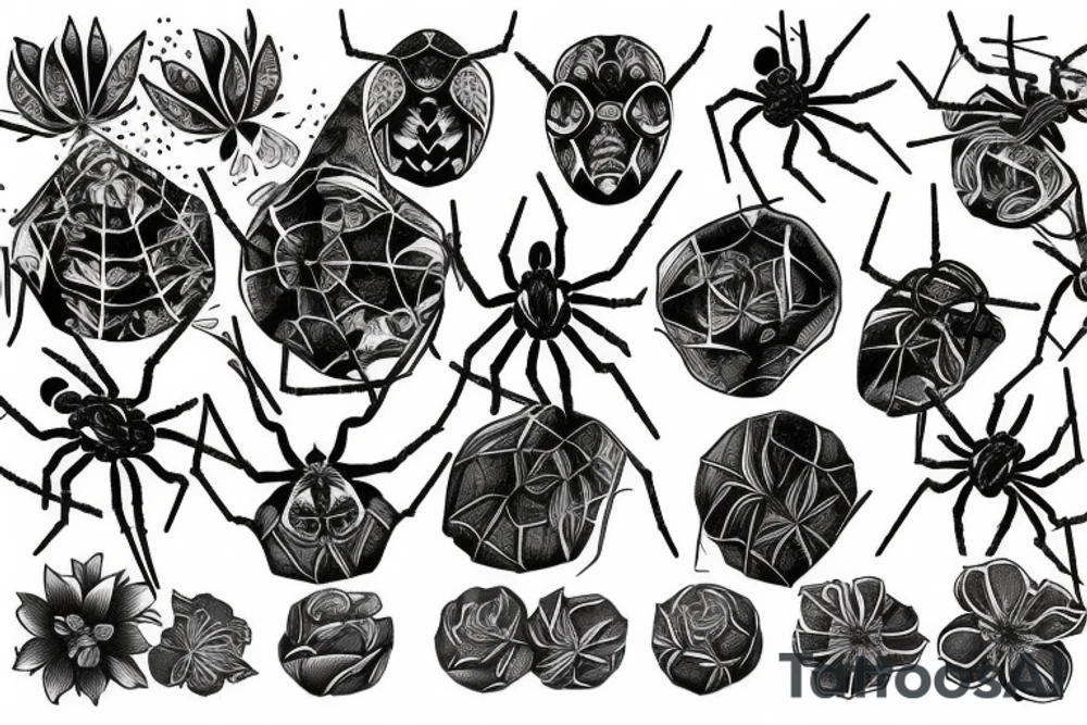 orb weaver on web and flowers tattoo idea