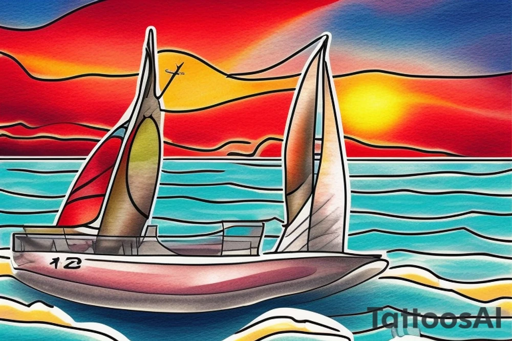 J-27 Sailboat in a Bottle at sunset with waves, and text: "it's a red sky night" "and I'm quite alright" tattoo idea