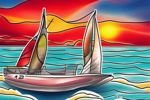 J-27 Sailboat in a Bottle at sunset with waves, and text: "it's a red sky night" "and I'm quite alright" tattoo idea