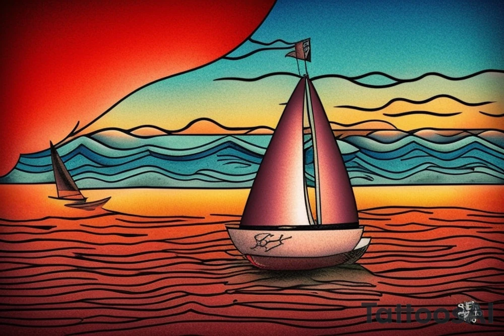 Sailboat in a Bottle at sunset with waves, and text: "it's a red sky night" "and I'm quite alright" tattoo idea